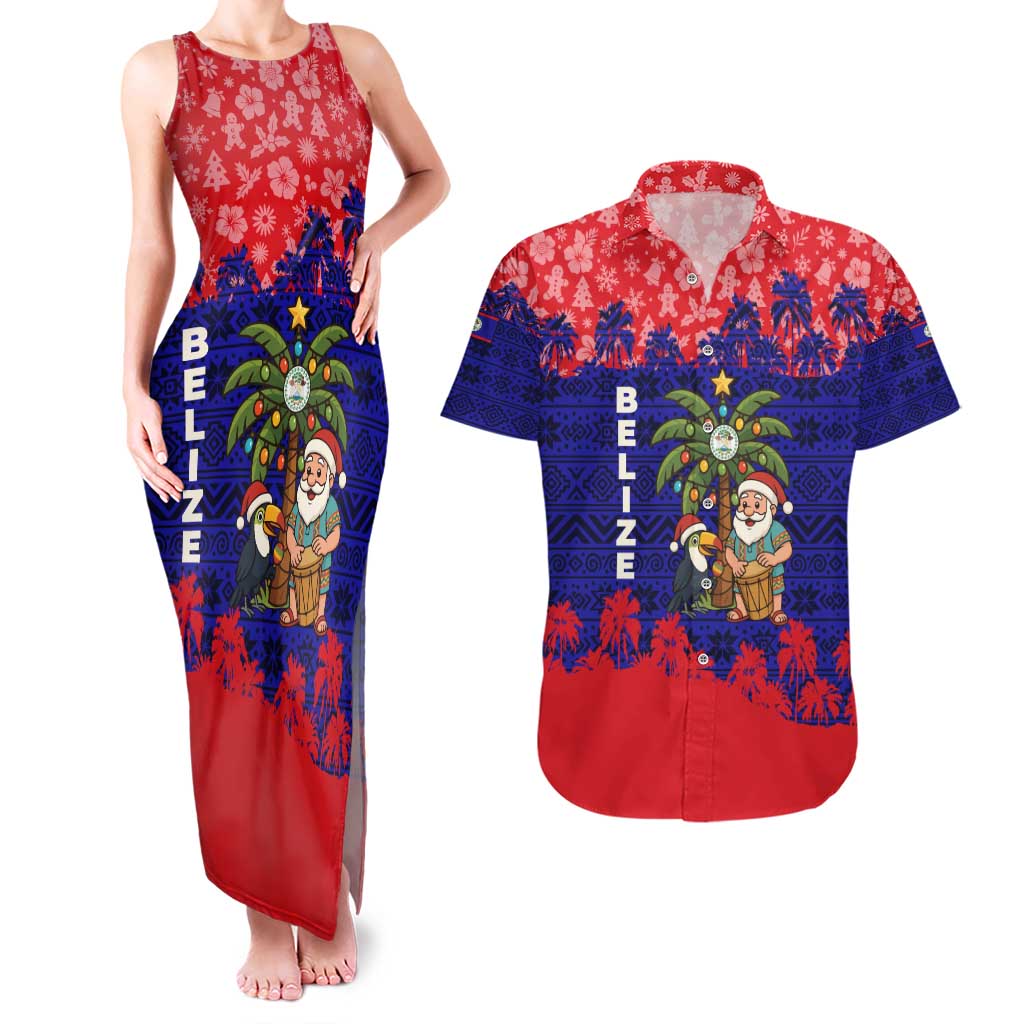 Belize Christmas Couples Matching Tank Maxi Dress and Hawaiian Shirt with Santa Toucan Palm Tree and Tribal Holiday Pattern - Wonder Print Shop