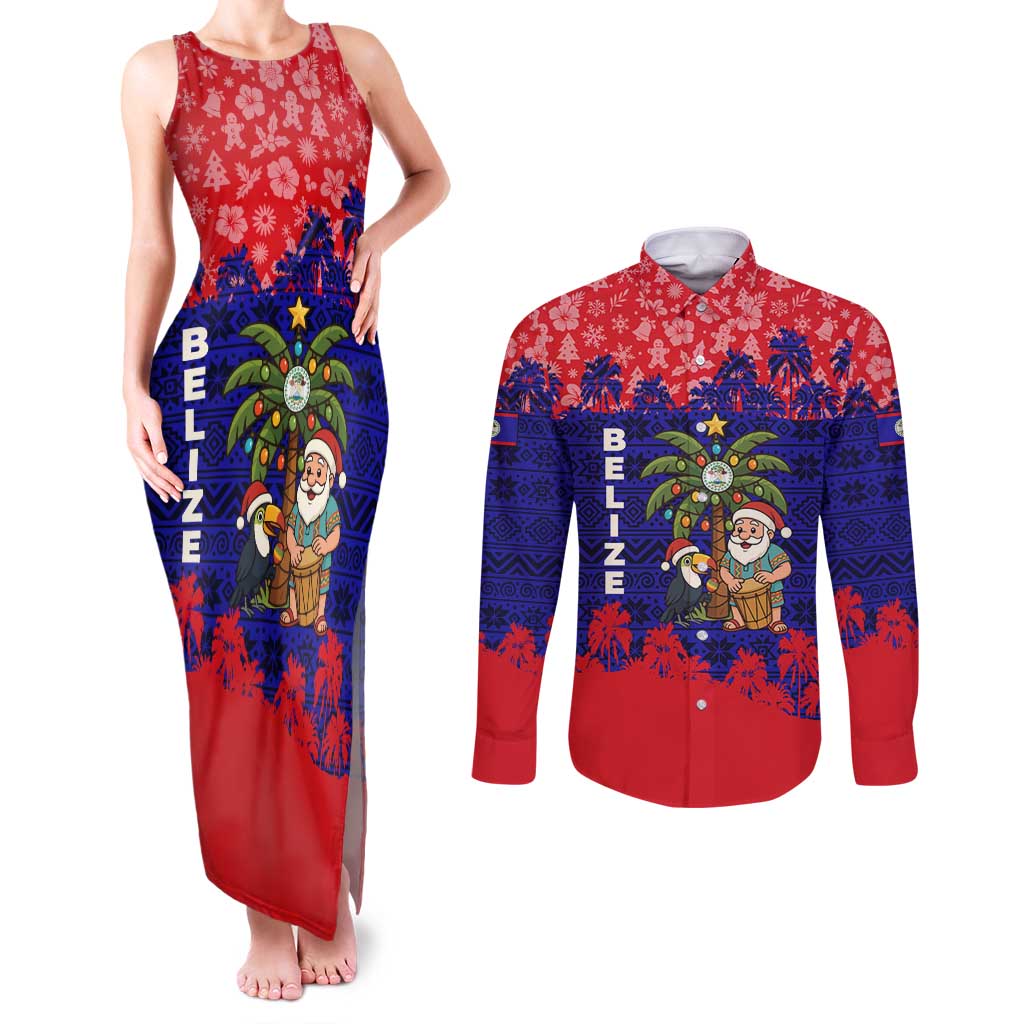 Belize Christmas Couples Matching Tank Maxi Dress and Long Sleeve Button Shirt with Santa Toucan Palm Tree and Tribal Holiday Pattern - Wonder Print Shop