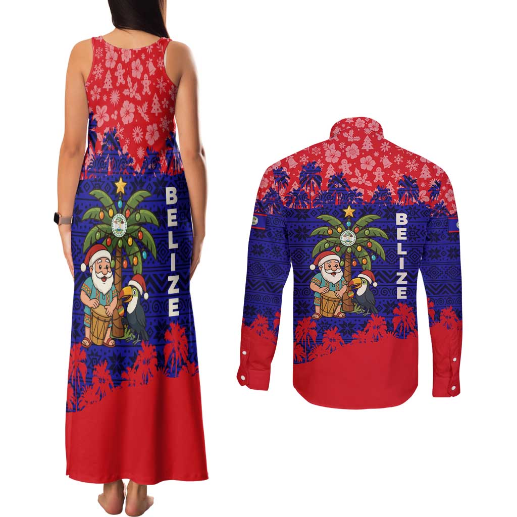 Belize Christmas Couples Matching Tank Maxi Dress and Long Sleeve Button Shirt with Santa Toucan Palm Tree and Tribal Holiday Pattern - Wonder Print Shop