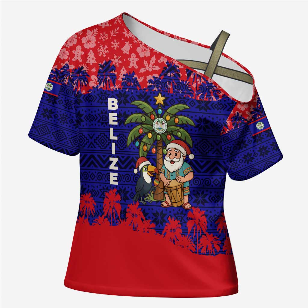 Belize Christmas Cross Shoulder Shirt with Santa Toucan Palm Tree and Tribal Holiday Pattern - Wonder Print Shop