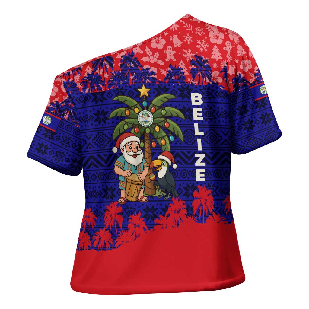 Belize Christmas Cross Shoulder Shirt with Santa Toucan Palm Tree and Tribal Holiday Pattern - Wonder Print Shop