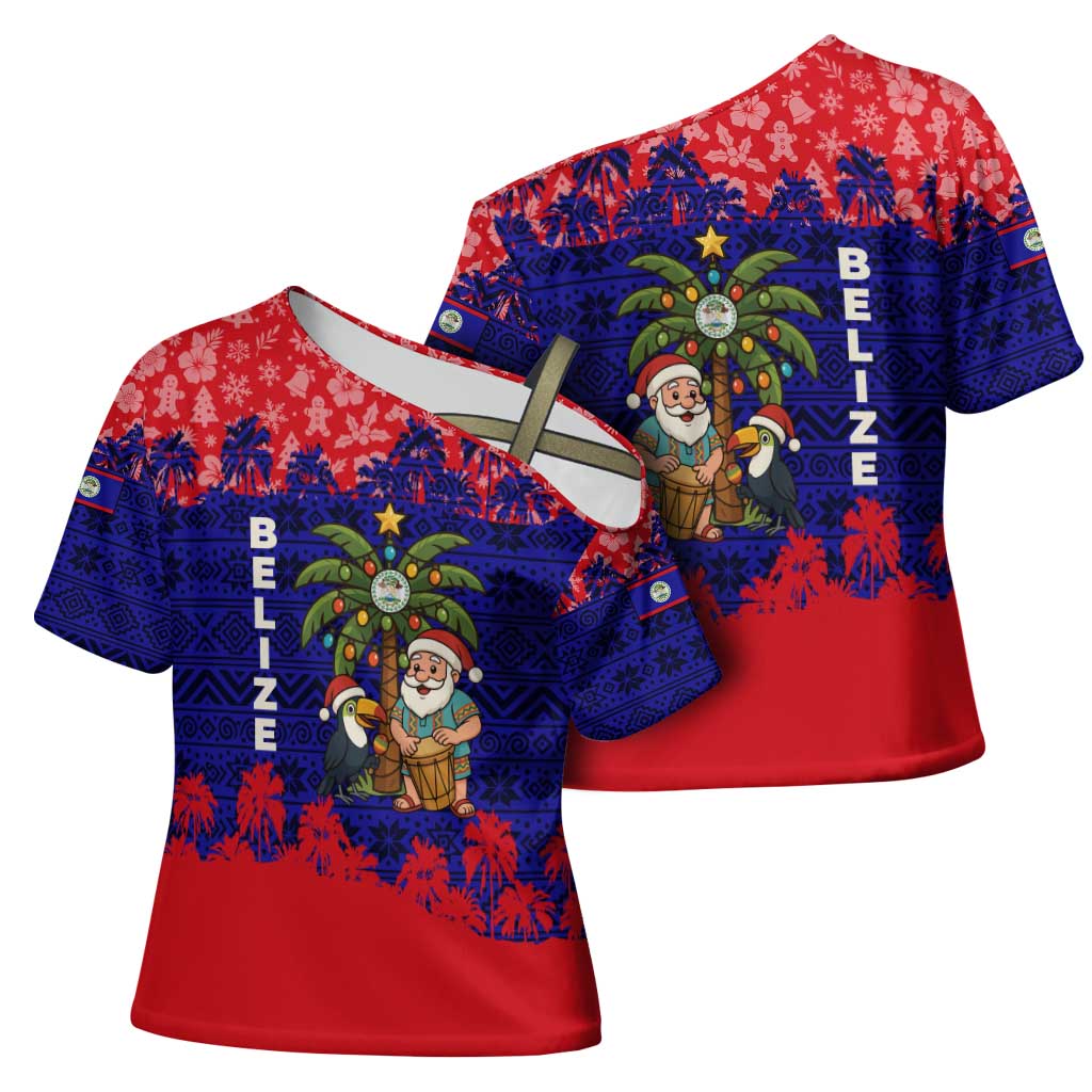 Belize Christmas Cross Shoulder Shirt with Santa Toucan Palm Tree and Tribal Holiday Pattern - Wonder Print Shop
