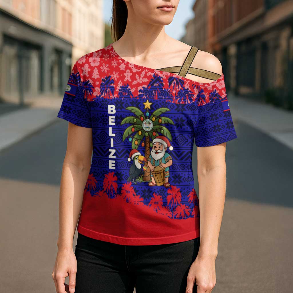 Belize Christmas Cross Shoulder Shirt with Santa Toucan Palm Tree and Tribal Holiday Pattern - Wonder Print Shop