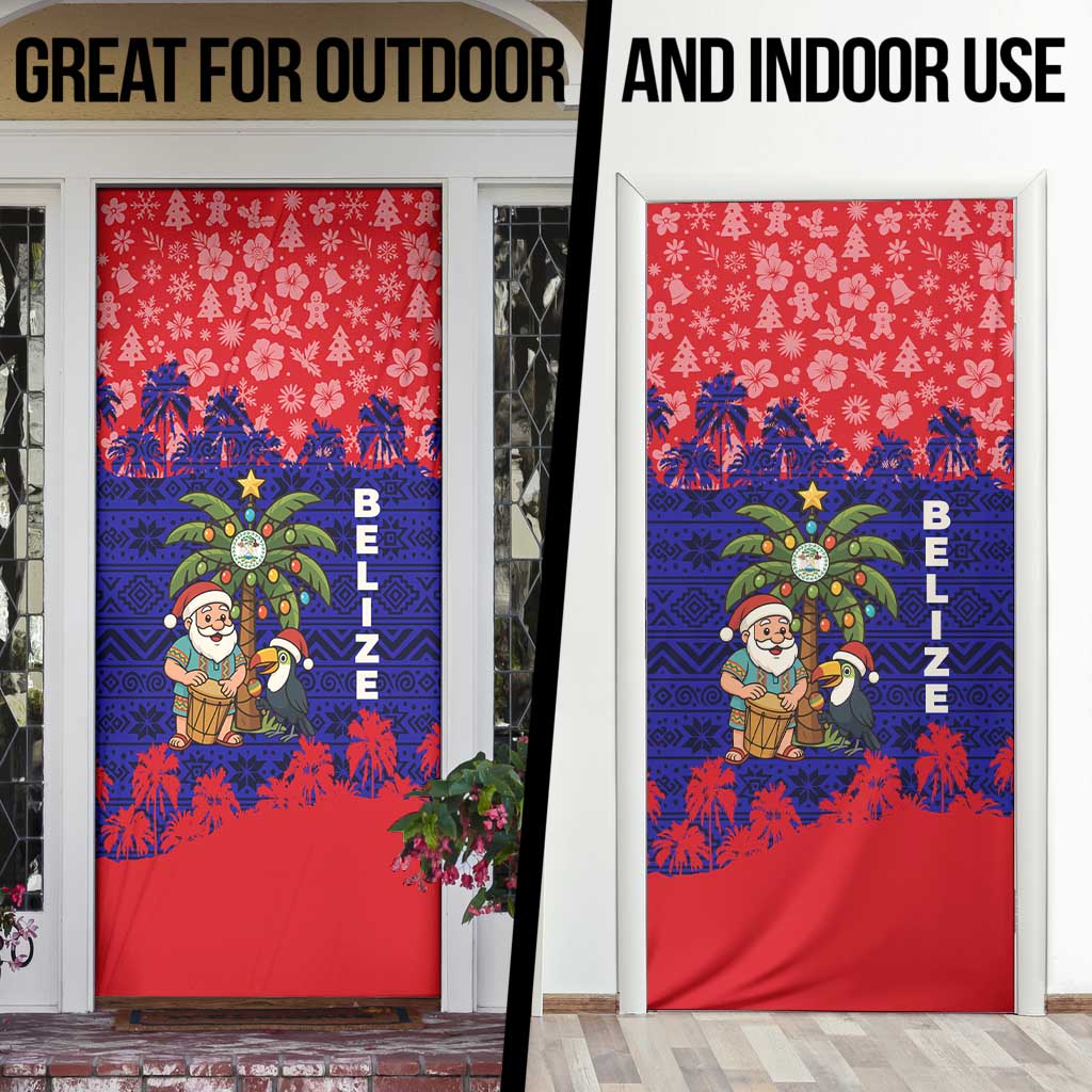 Belize Christmas Door Cover with Santa Toucan Palm Tree and Tribal Holiday Pattern - Wonder Print Shop