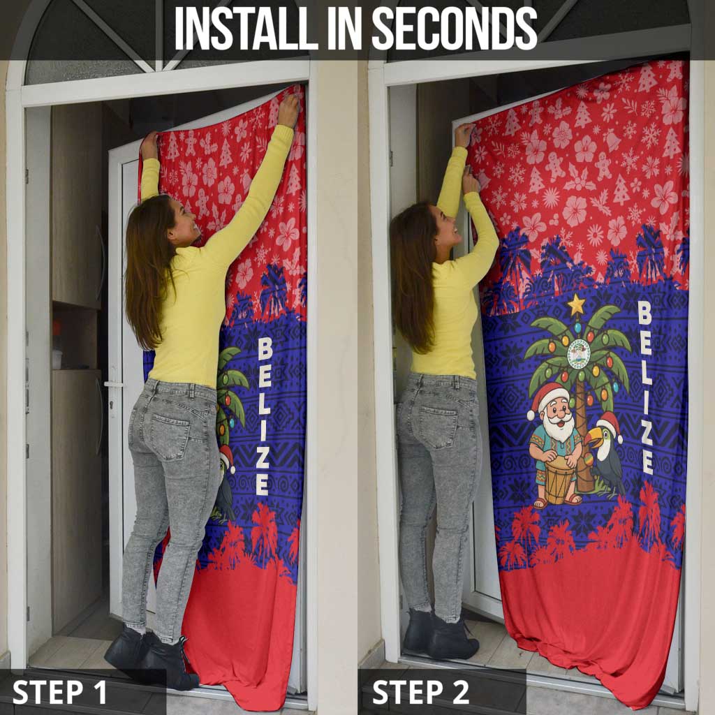 Belize Christmas Door Cover with Santa Toucan Palm Tree and Tribal Holiday Pattern - Wonder Print Shop