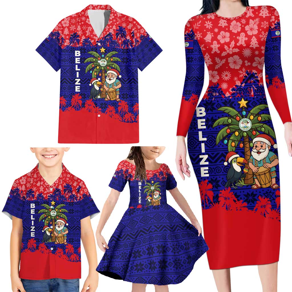 Belize Christmas Family Matching Long Sleeve Bodycon Dress and Hawaiian Shirt with Santa Toucan Palm Tree and Tribal Holiday Pattern - Wonder Print Shop