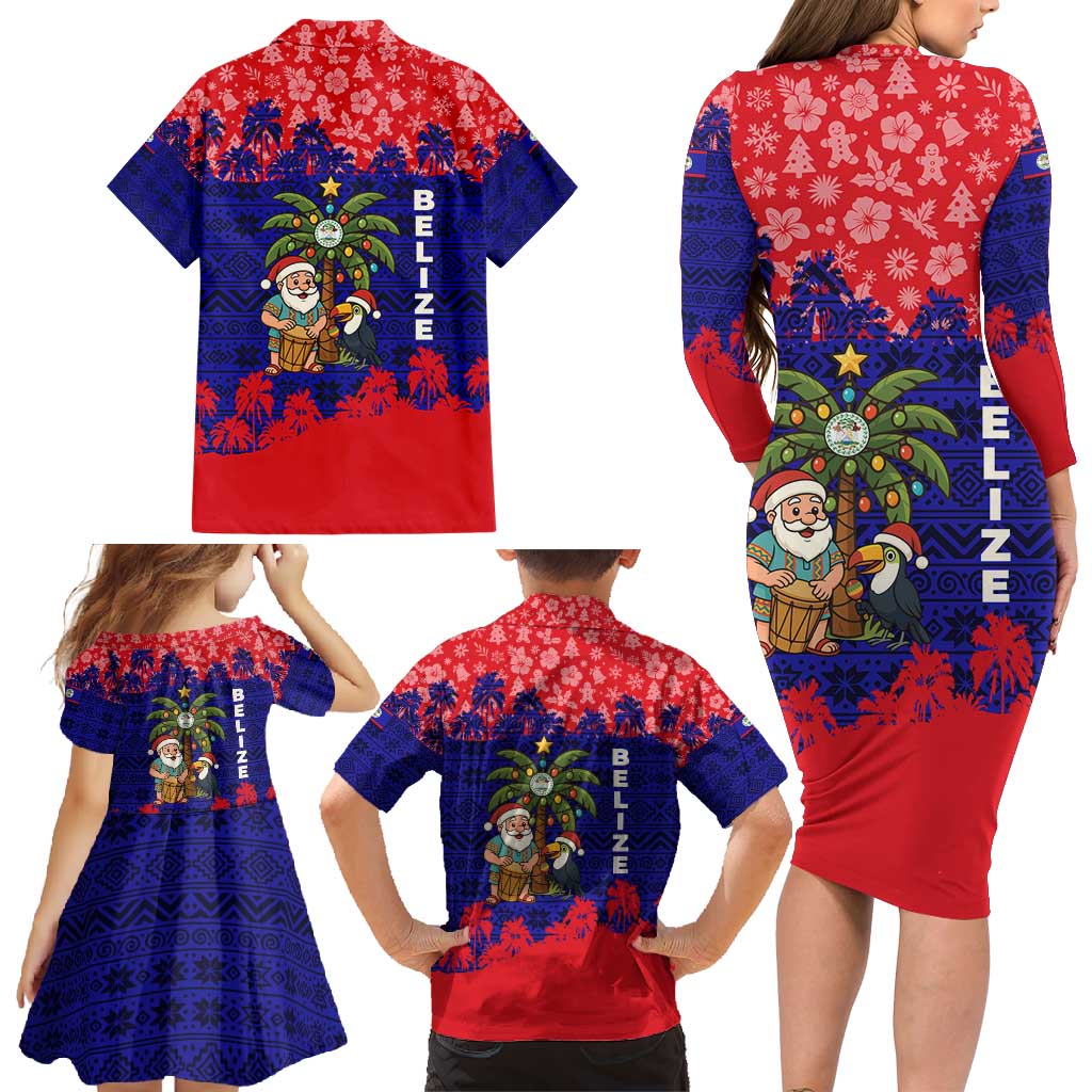 Belize Christmas Family Matching Long Sleeve Bodycon Dress and Hawaiian Shirt with Santa Toucan Palm Tree and Tribal Holiday Pattern - Wonder Print Shop