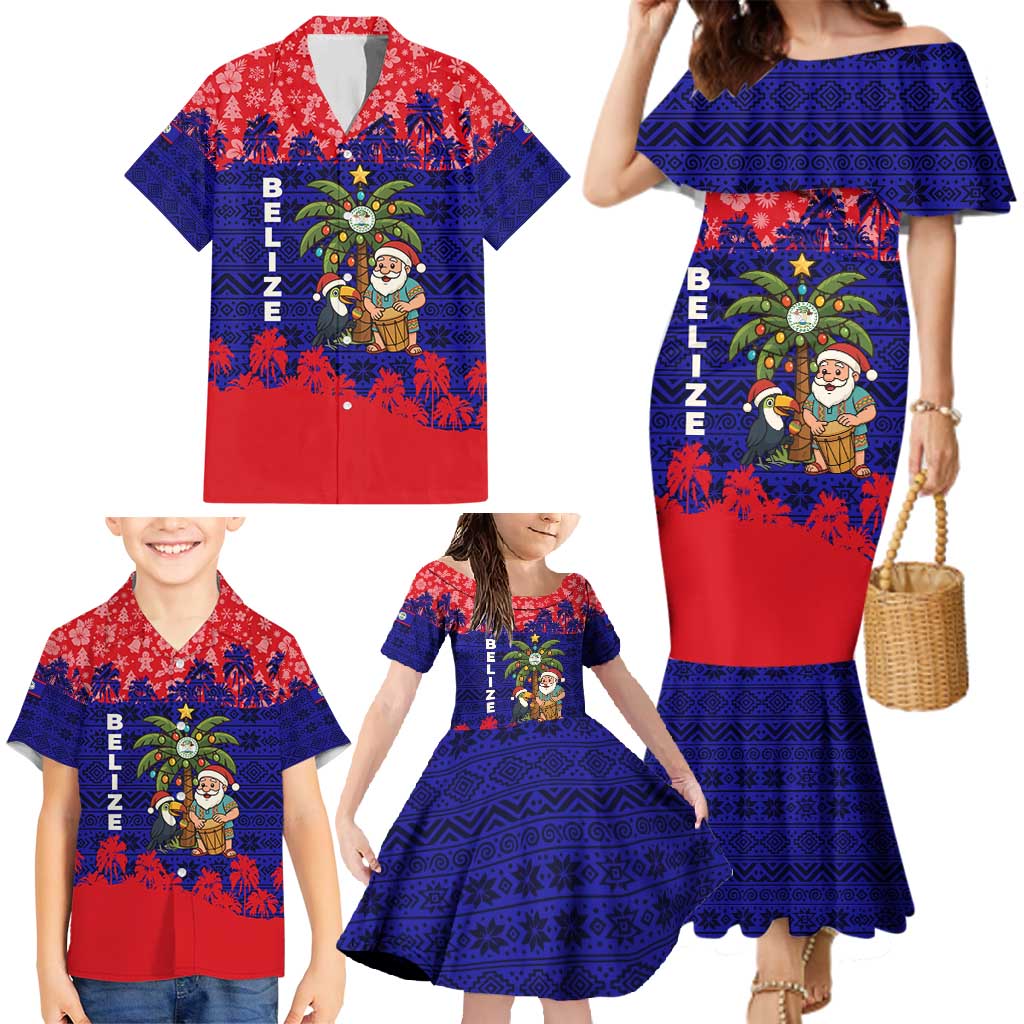 Belize Christmas Family Matching Mermaid Dress and Hawaiian Shirt with Santa Toucan Palm Tree and Tribal Holiday Pattern - Wonder Print Shop