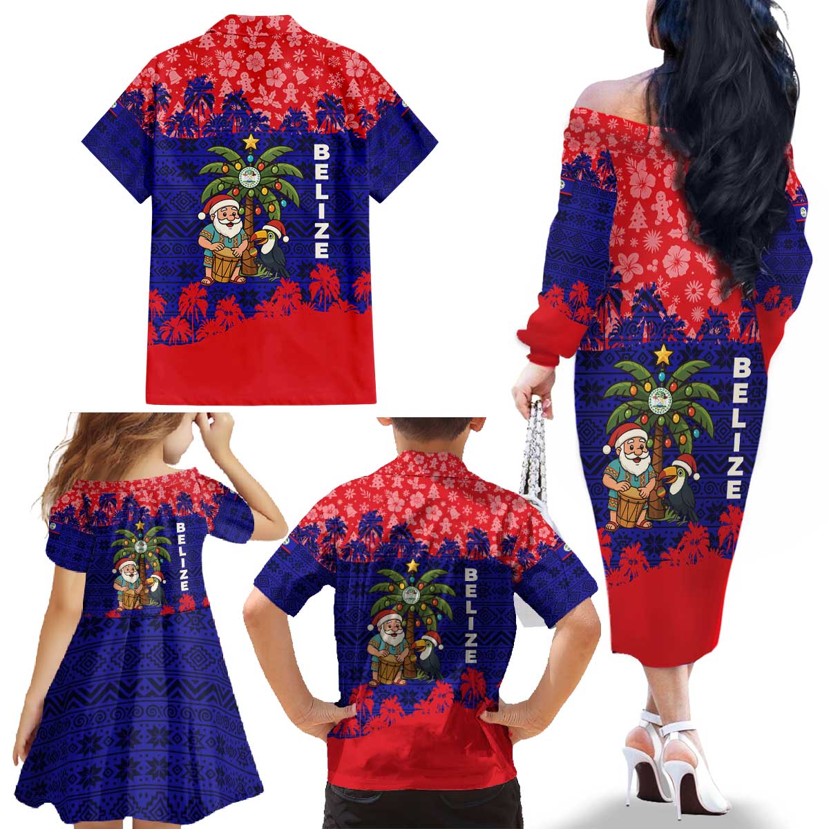 Belize Christmas Family Matching Off The Shoulder Long Sleeve Dress and Hawaiian Shirt with Santa Toucan Palm Tree and Tribal Holiday Pattern - Wonder Print Shop