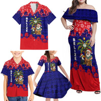 Belize Christmas Family Matching Off Shoulder Maxi Dress and Hawaiian Shirt with Santa Toucan Palm Tree and Tribal Holiday Pattern - Wonder Print Shop