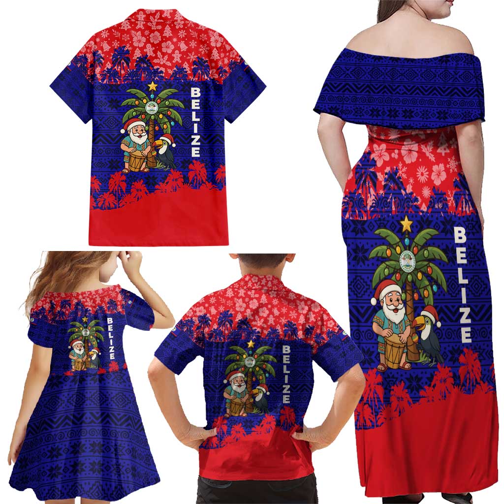 Belize Christmas Family Matching Off Shoulder Maxi Dress and Hawaiian Shirt with Santa Toucan Palm Tree and Tribal Holiday Pattern - Wonder Print Shop
