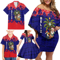 Belize Christmas Family Matching Off Shoulder Short Dress and Hawaiian Shirt with Santa Toucan Palm Tree and Tribal Holiday Pattern - Wonder Print Shop