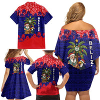 Belize Christmas Family Matching Off Shoulder Short Dress and Hawaiian Shirt with Santa Toucan Palm Tree and Tribal Holiday Pattern - Wonder Print Shop