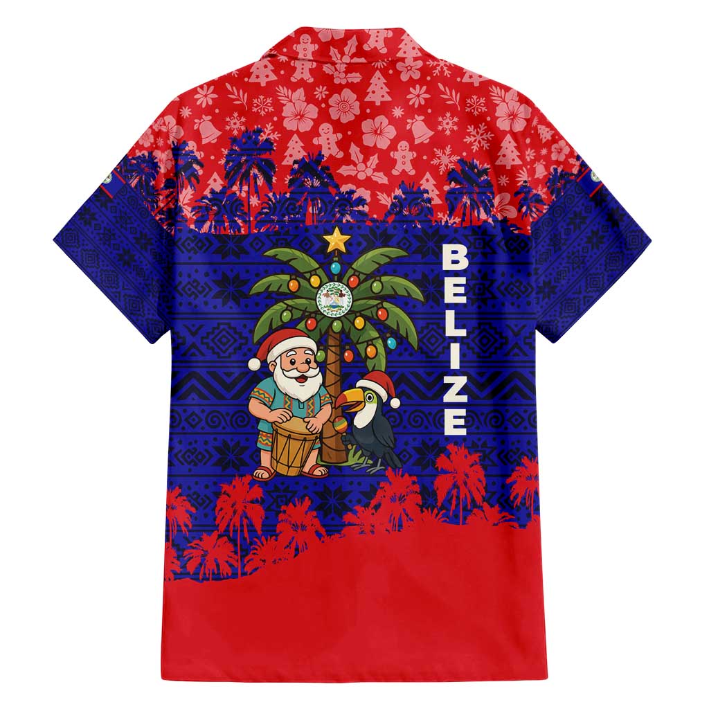 Belize Christmas Family Matching Off Shoulder Short Dress and Hawaiian Shirt with Santa Toucan Palm Tree and Tribal Holiday Pattern - Wonder Print Shop