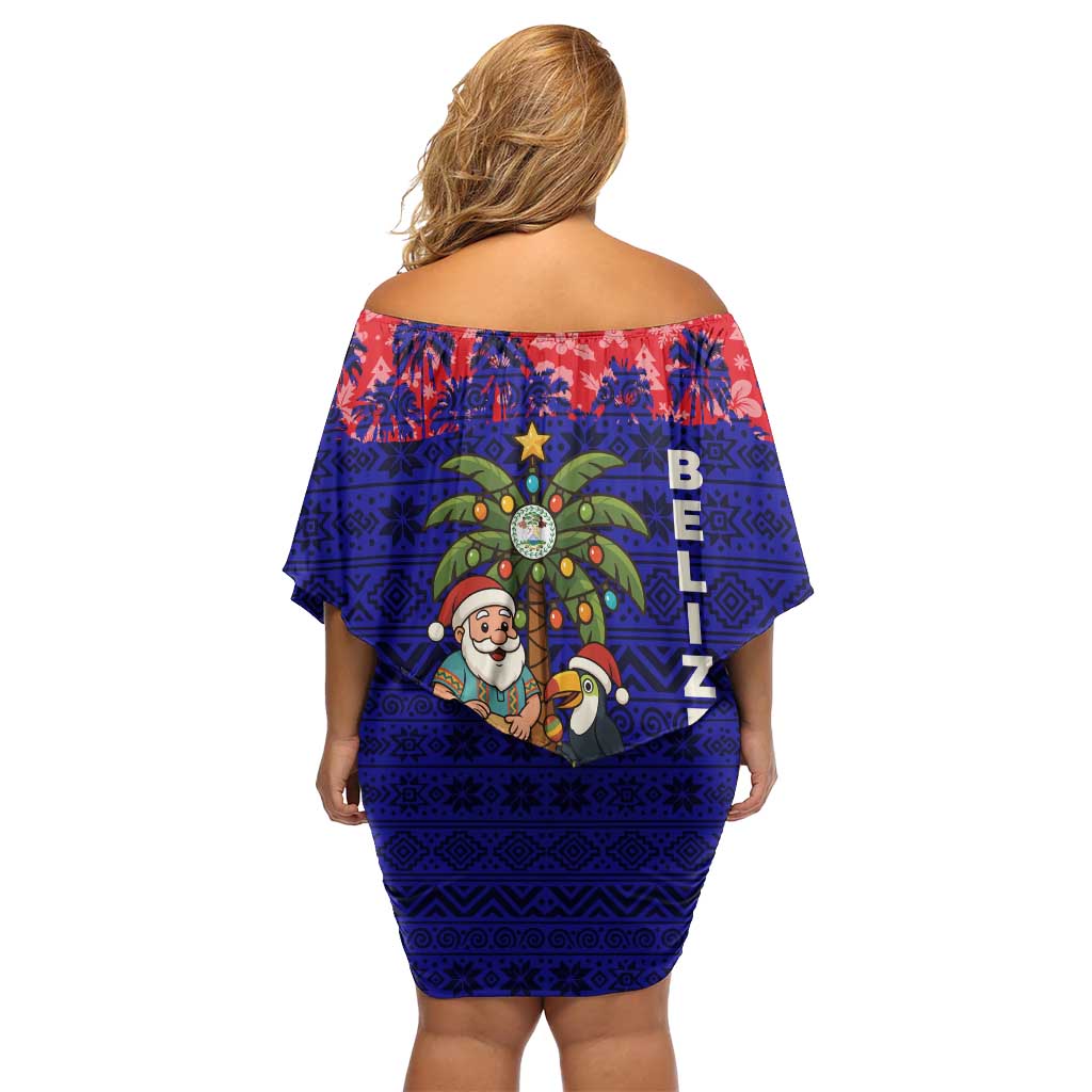 Belize Christmas Family Matching Off Shoulder Short Dress and Hawaiian Shirt with Santa Toucan Palm Tree and Tribal Holiday Pattern - Wonder Print Shop