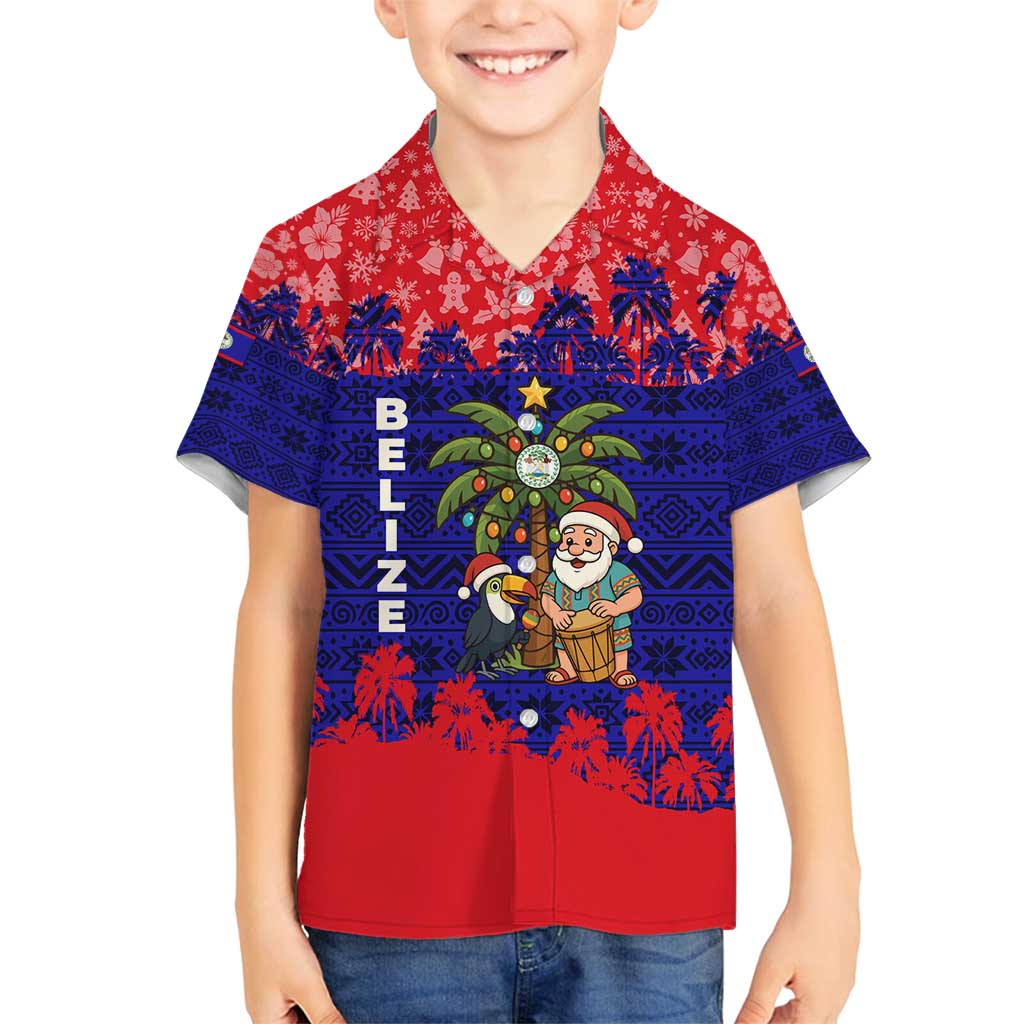 Belize Christmas Family Matching Off Shoulder Short Dress and Hawaiian Shirt with Santa Toucan Palm Tree and Tribal Holiday Pattern - Wonder Print Shop
