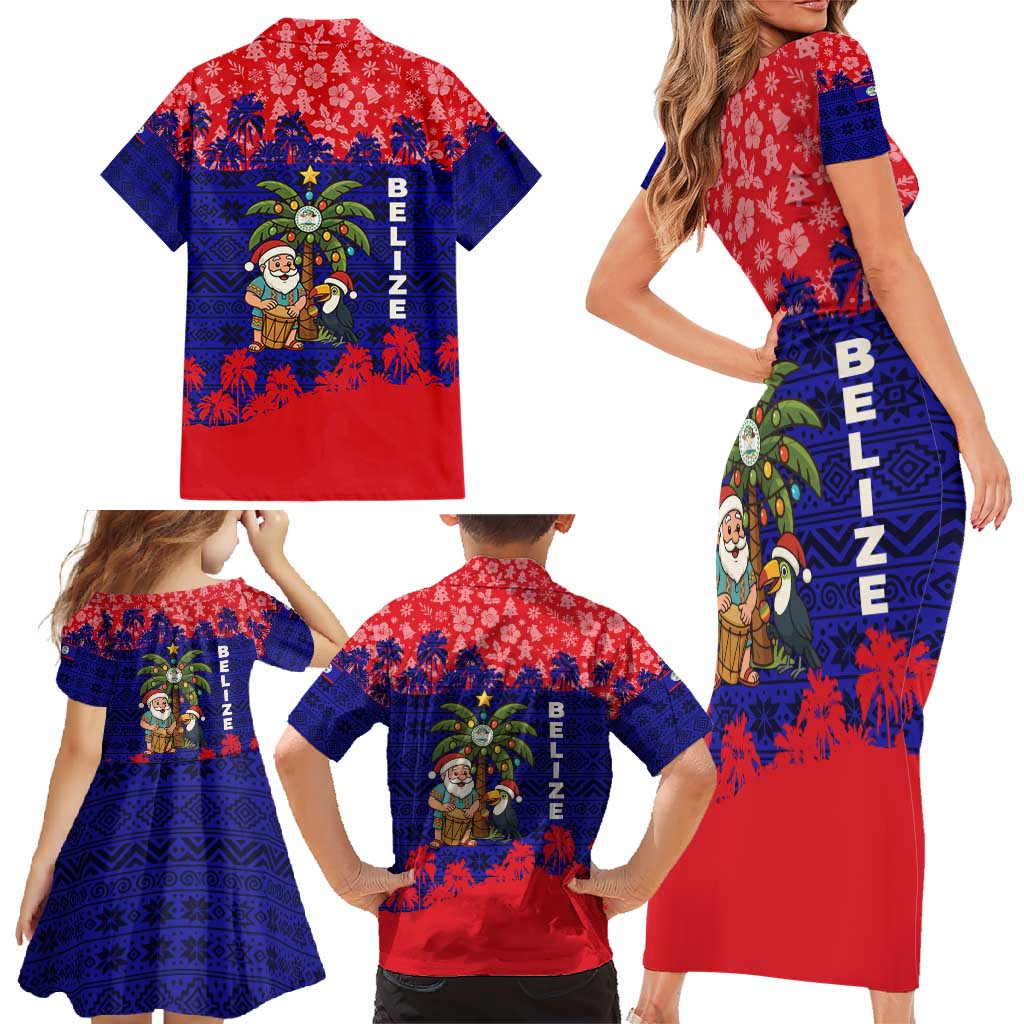 Belize Christmas Family Matching Short Sleeve Bodycon Dress and Hawaiian Shirt with Santa Toucan Palm Tree and Tribal Holiday Pattern - Wonder Print Shop