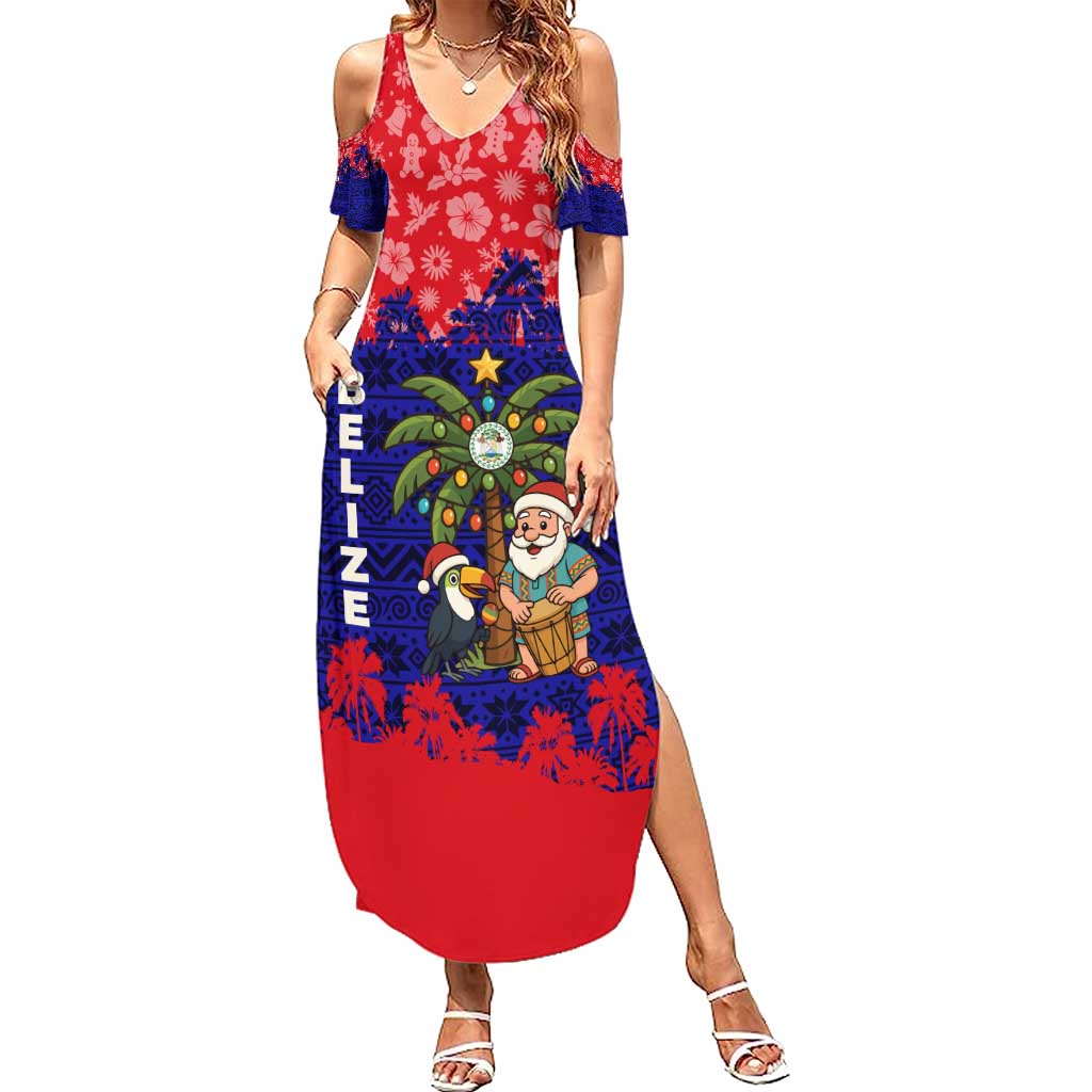 Belize Christmas Family Matching Summer Maxi Dress and Hawaiian Shirt with Santa Toucan Palm Tree and Tribal Holiday Pattern - Wonder Print Shop