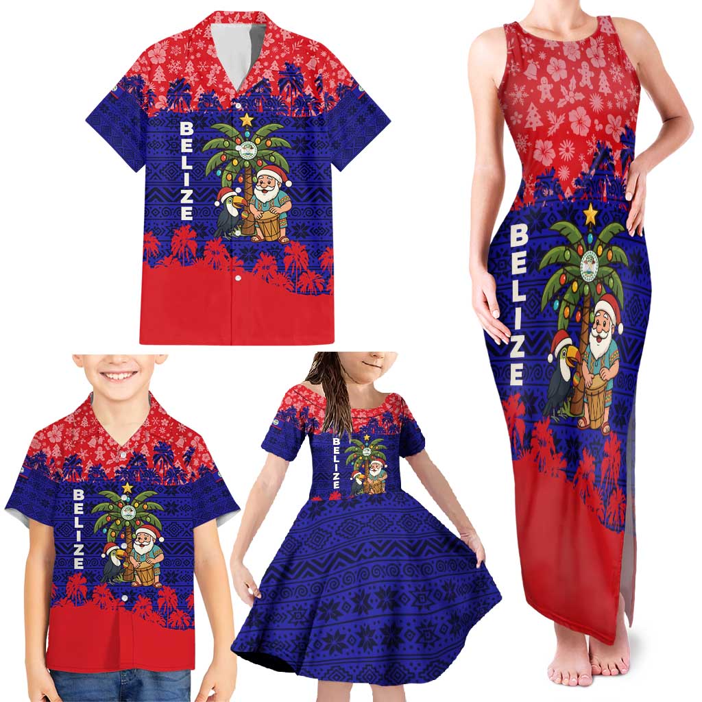 Belize Christmas Family Matching Tank Maxi Dress and Hawaiian Shirt with Santa Toucan Palm Tree and Tribal Holiday Pattern - Wonder Print Shop
