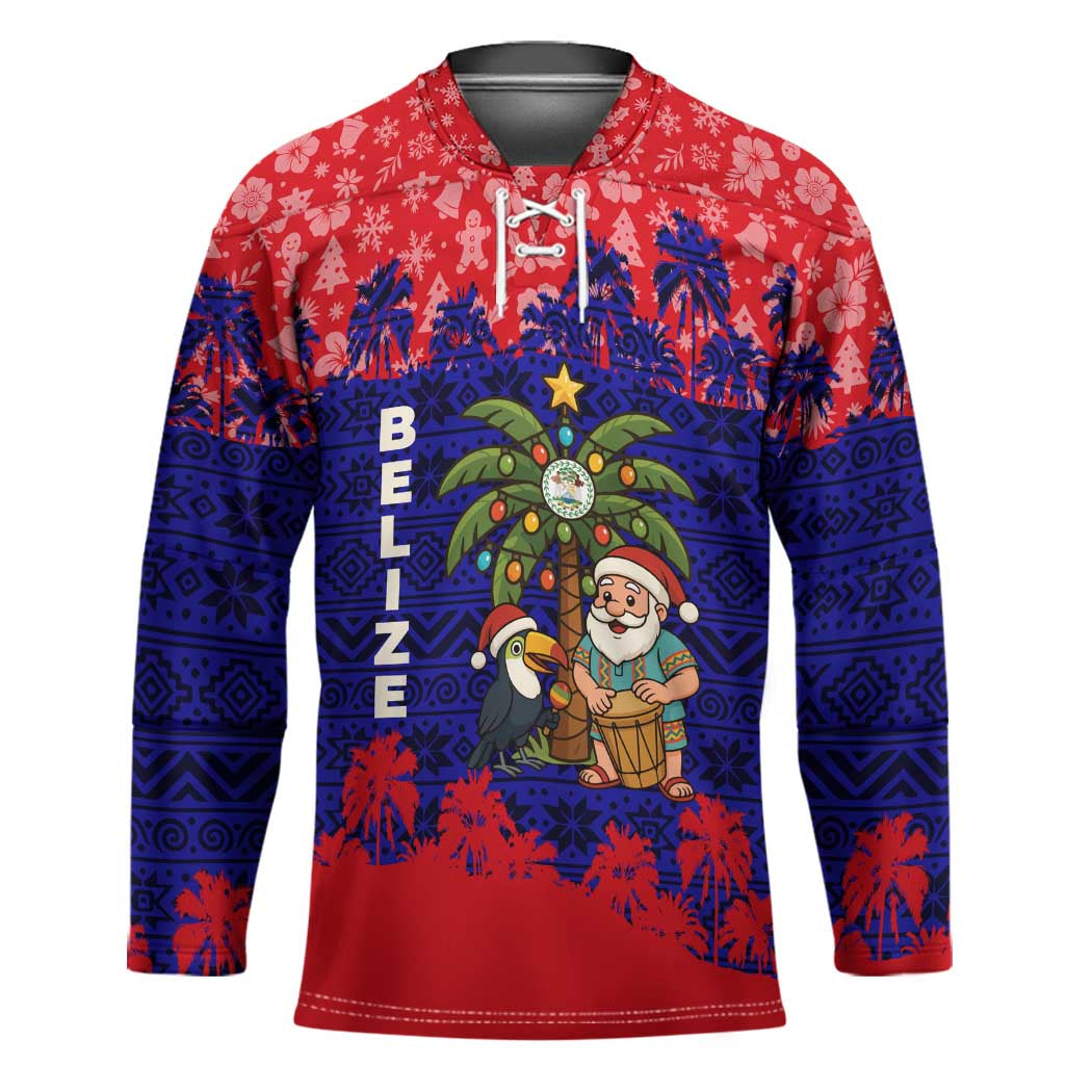 Belize Christmas Hockey Jersey with Santa Toucan Palm Tree and Tribal Holiday Pattern - Wonder Print Shop