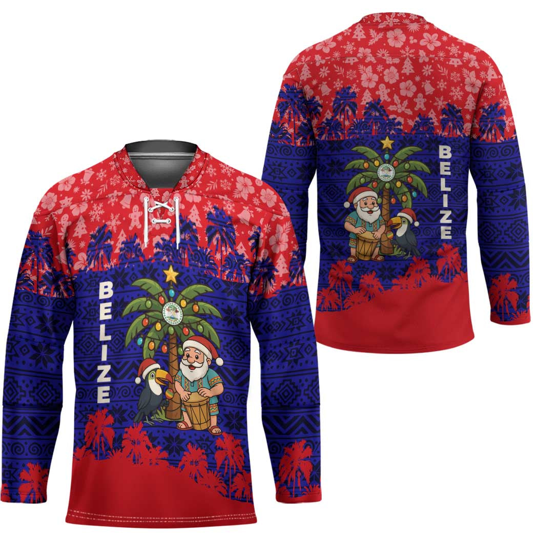 Belize Christmas Hockey Jersey with Santa Toucan Palm Tree and Tribal Holiday Pattern - Wonder Print Shop