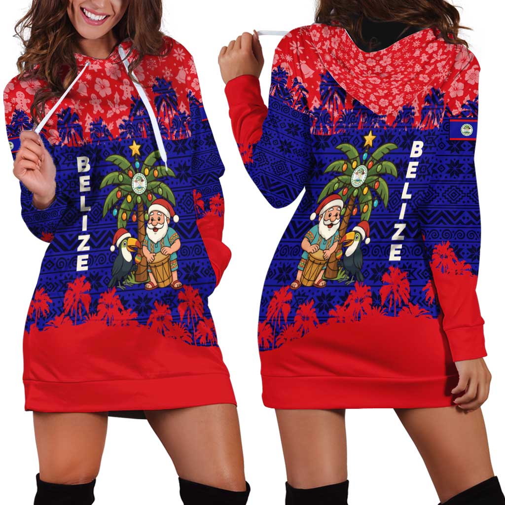 Belize Christmas Hoodie Dress with Santa Toucan Palm Tree and Tribal Holiday Pattern - Wonder Print Shop