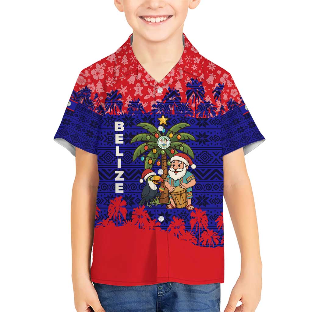 Belize Christmas Kid Hawaiian Shirt with Santa Toucan Palm Tree and Tribal Holiday Pattern - Wonder Print Shop