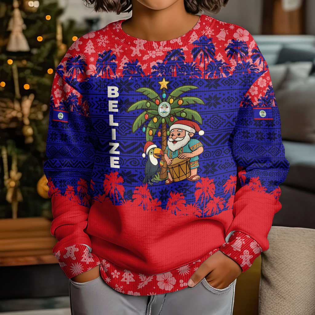 Belize Christmas Kid Ugly Christmas Sweater with Santa Toucan Palm Tree and Tribal Holiday Pattern - Wonder Print Shop