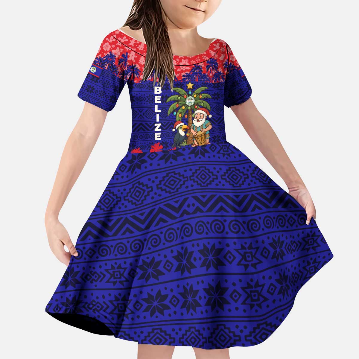 Belize Christmas Kid Short Sleeve Dress with Santa Toucan Palm Tree and Tribal Holiday Pattern - Wonder Print Shop