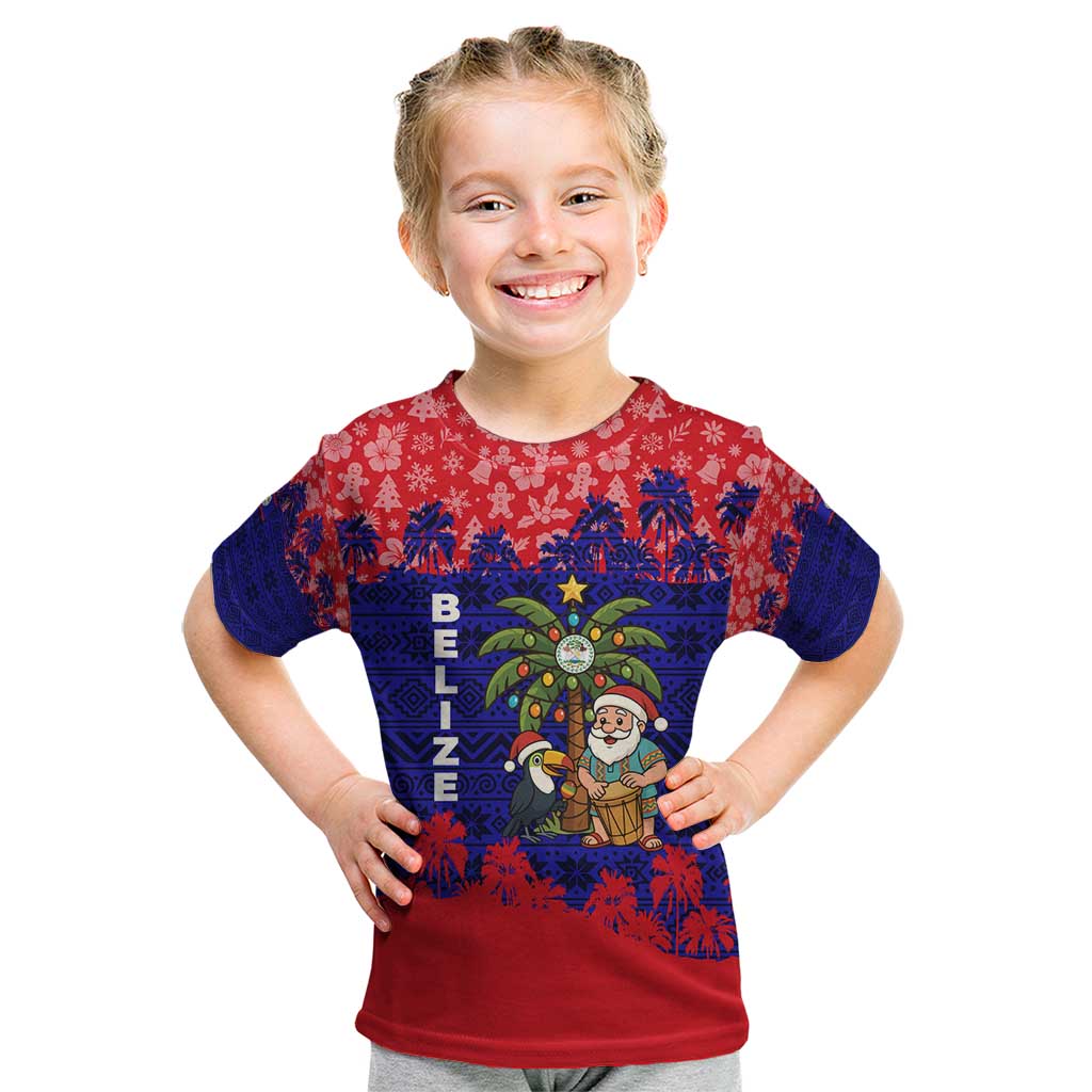 Belize Christmas Kid T Shirt with Santa Toucan Palm Tree and Tribal Holiday Pattern - Wonder Print Shop