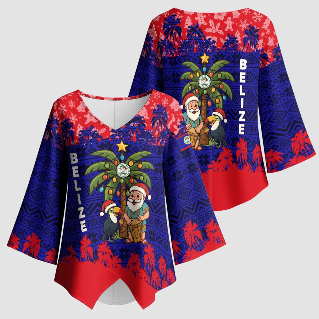 Belize Christmas Kimono Sleeve Blouse with Santa Toucan Palm Tree and Tribal Holiday Pattern - Wonder Print Shop