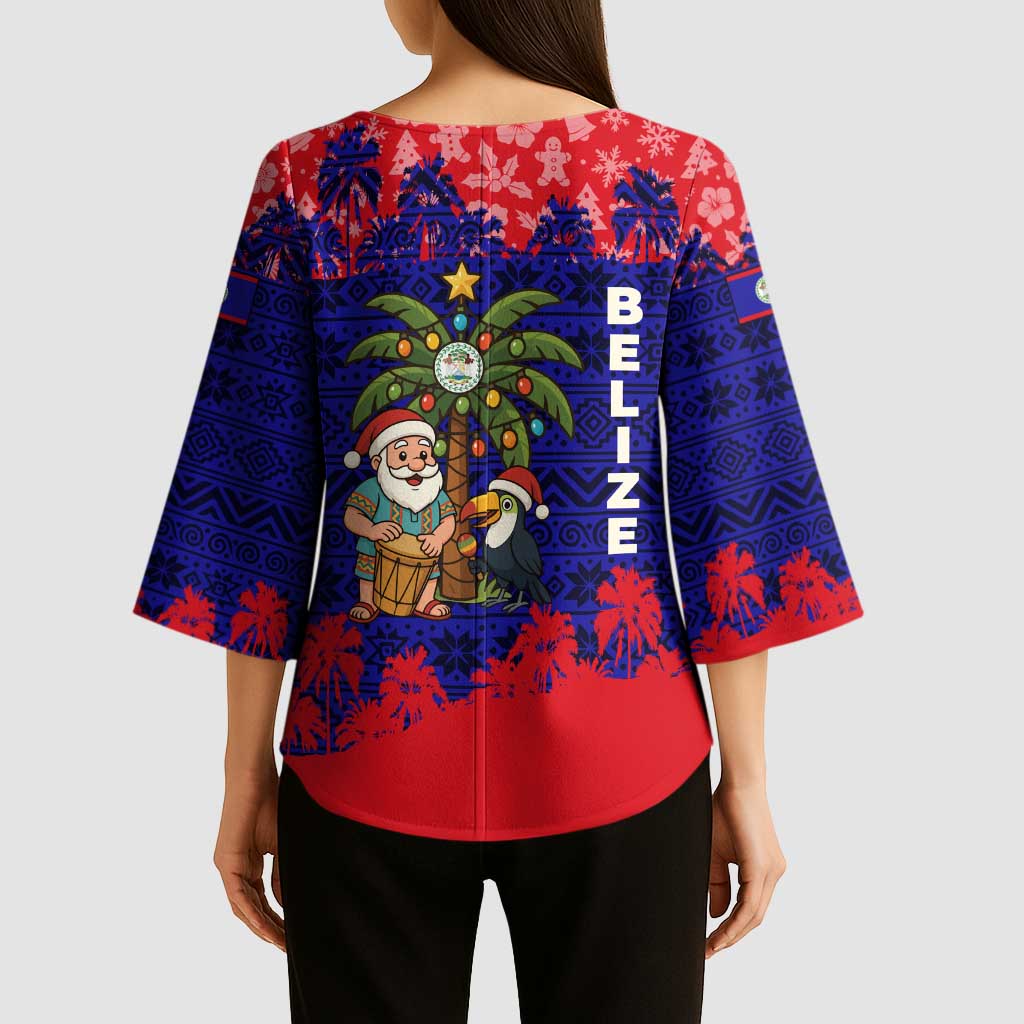 Belize Christmas Kimono Sleeve Blouse with Santa Toucan Palm Tree and Tribal Holiday Pattern - Wonder Print Shop