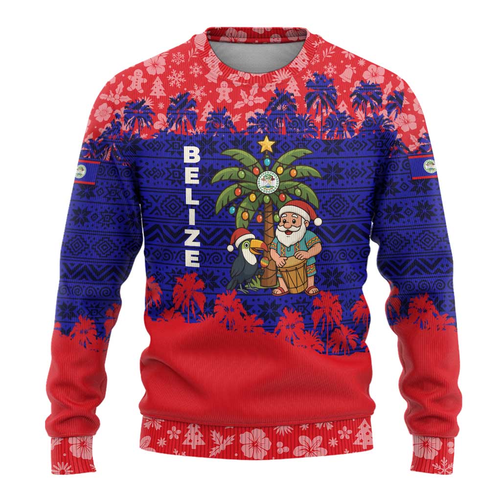 Belize Christmas Ugly Christmas Sweater with Santa Toucan Palm Tree and Tribal Holiday Pattern - Wonder Print Shop