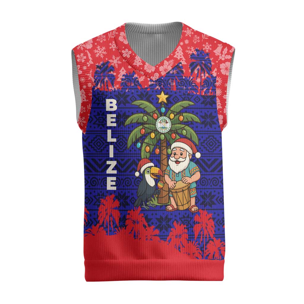 Belize Christmas Knitted V-Neck Vest with Santa Toucan Palm Tree and Tribal Holiday Pattern - Wonder Print Shop