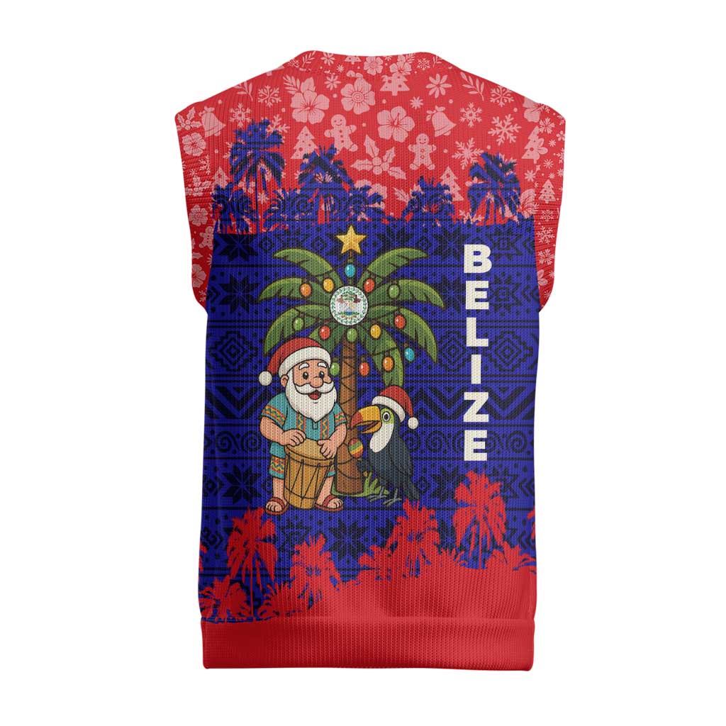 Belize Christmas Knitted V-Neck Vest with Santa Toucan Palm Tree and Tribal Holiday Pattern - Wonder Print Shop