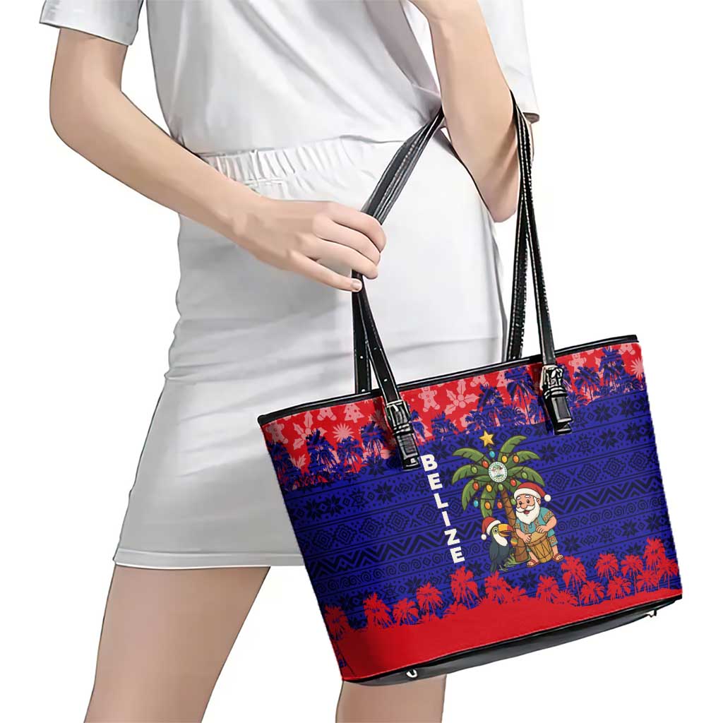 Belize Christmas Leather Tote Bag with Santa Toucan Palm Tree and Tribal Holiday Pattern - Wonder Print Shop