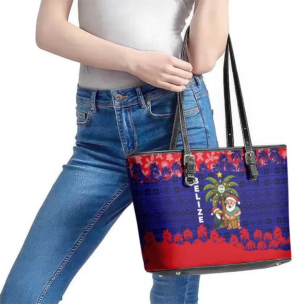 Belize Christmas Leather Tote Bag with Santa Toucan Palm Tree and Tribal Holiday Pattern - Wonder Print Shop
