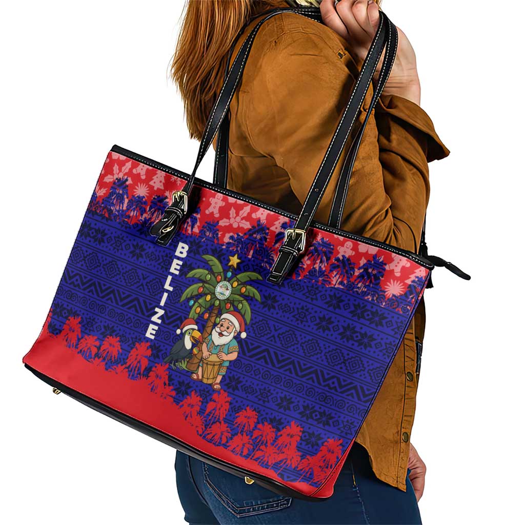Belize Christmas Leather Tote Bag with Santa Toucan Palm Tree and Tribal Holiday Pattern - Wonder Print Shop