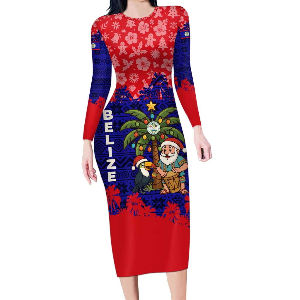 Belize Christmas Long Sleeve Bodycon Dress with Santa Toucan Palm Tree and Tribal Holiday Pattern - Wonder Print Shop