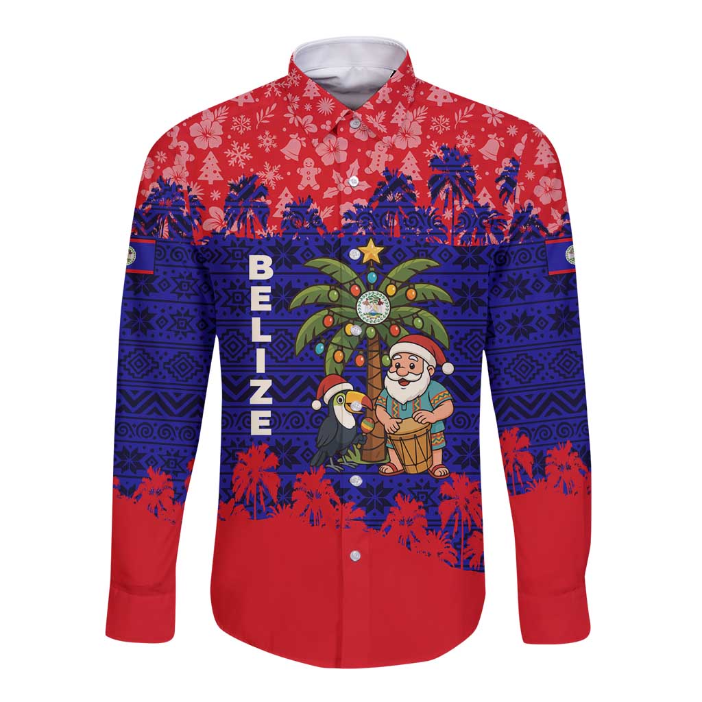 Belize Christmas Long Sleeve Button Shirt with Santa Toucan Palm Tree and Tribal Holiday Pattern - Wonder Print Shop