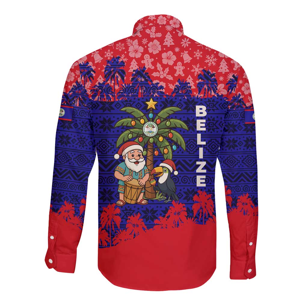 Belize Christmas Long Sleeve Button Shirt with Santa Toucan Palm Tree and Tribal Holiday Pattern - Wonder Print Shop