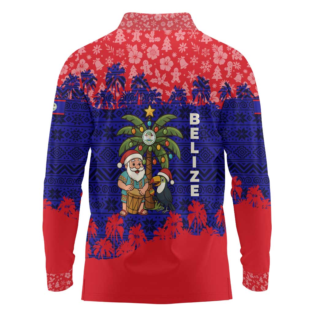 Belize Christmas Long Sleeve Polo Shirt with Santa Toucan Palm Tree and Tribal Holiday Pattern - Wonder Print Shop