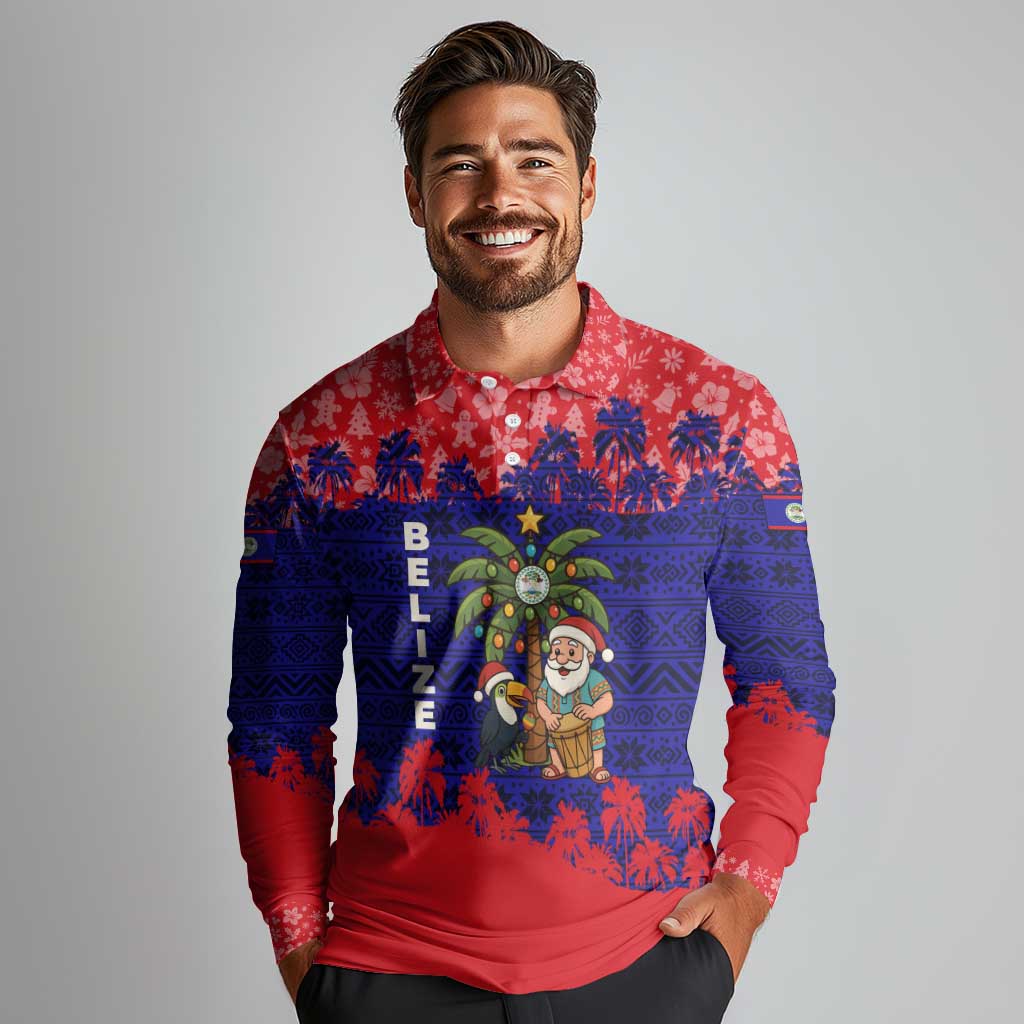Belize Christmas Long Sleeve Polo Shirt with Santa Toucan Palm Tree and Tribal Holiday Pattern - Wonder Print Shop
