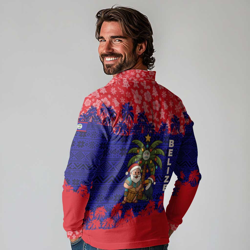 Belize Christmas Long Sleeve Polo Shirt with Santa Toucan Palm Tree and Tribal Holiday Pattern - Wonder Print Shop