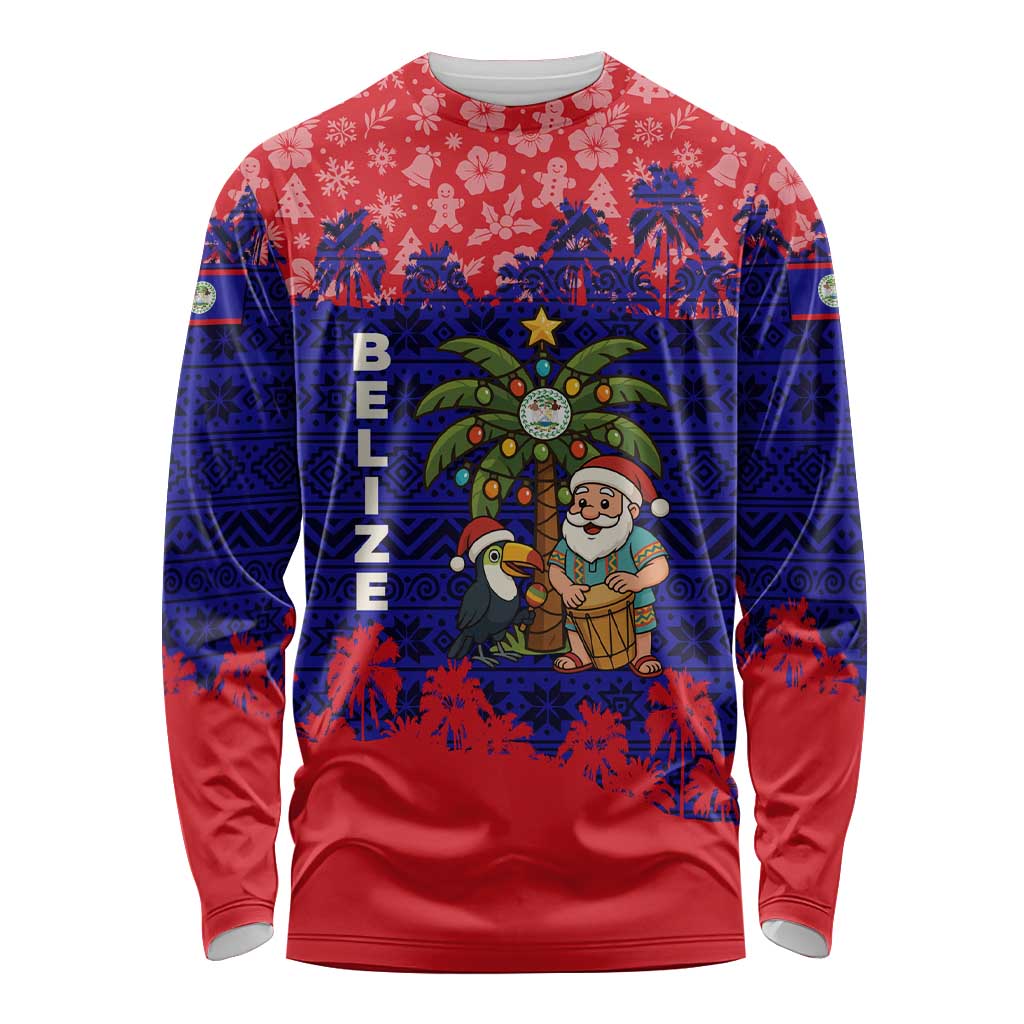Belize Christmas Long Sleeve Shirt with Santa Toucan Palm Tree and Tribal Holiday Pattern - Wonder Print Shop