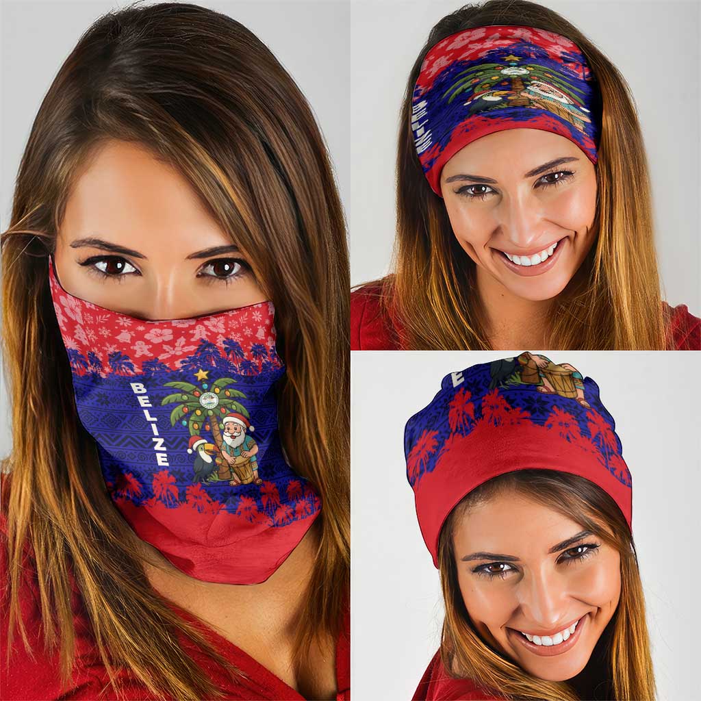 Belize Christmas Neck Gaiter with Santa Toucan Palm Tree and Tribal Holiday Pattern - Wonder Print Shop