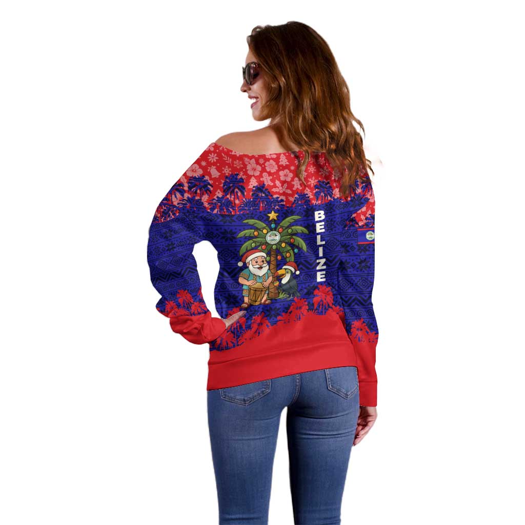 Belize Christmas Off Shoulder Sweater with Santa Toucan Palm Tree and Tribal Holiday Pattern - Wonder Print Shop