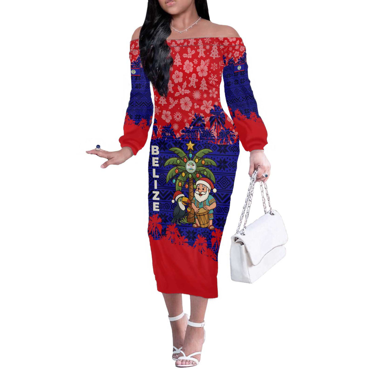 Belize Christmas Off The Shoulder Long Sleeve Dress with Santa Toucan Palm Tree and Tribal Holiday Pattern - Wonder Print Shop