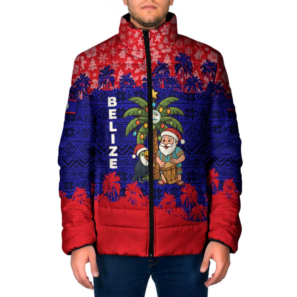 Belize Christmas Padded Jacket with Santa Toucan Palm Tree and Tribal Holiday Pattern - Wonder Print Shop