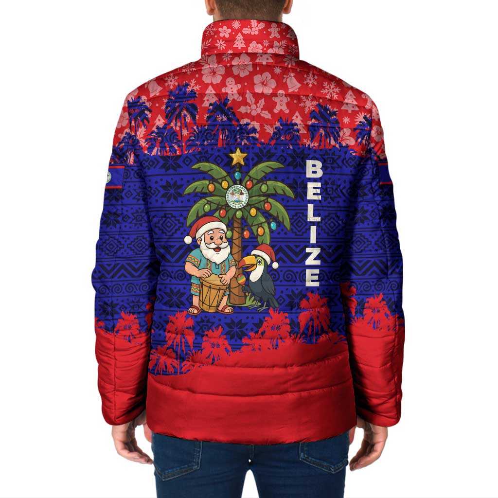 Belize Christmas Padded Jacket with Santa Toucan Palm Tree and Tribal Holiday Pattern - Wonder Print Shop